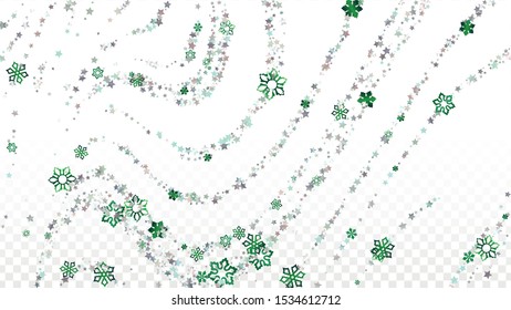 New Year Vector Background with Falling Glitter Snowflakes and Stars. Isolated on Transparent. Festival Snow Twinkly Pattern. Glitter Overlay Print. Winter Party. Design for Banner.