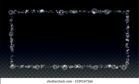New Year Vector Background with Falling Snowflakes  Isolated on Transparent Background. Miracle Snow Sparkle Pattern. Snowfall Overlay Print. Winter Sky. Realistic Snow. Happy Christmas, New Year.