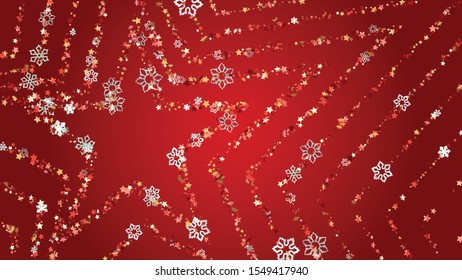 New Year Vector Background with Falling Glitter Snowflakes and Stars. Isolated on Transparent. Fantasy Snow Twinkly Pattern. Glitter Overlay Print. Winter Party. Design for Card.