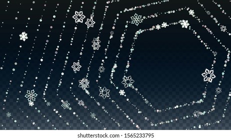 New Year Vector Background with Falling Glitter Snowflakes and Stars. Isolated on Transparent. Realistic Snow Confetti Pattern. Glitter Overlay Print. Winter Sky. Design for Web.