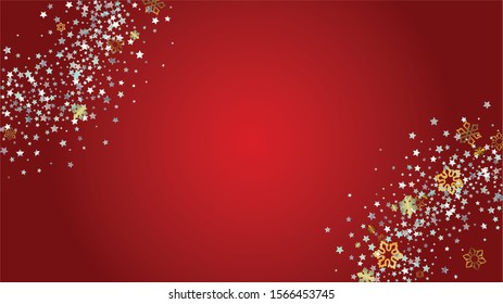 New Year Vector Background with Falling Glitter Snowflakes and Stars. Isolated on Transparent. Festival Snow Confetti Pattern. Glitter Overlay Print. Winter Sky. Design for Flyer.