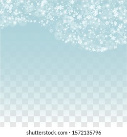 New Year Vector Background with Falling Snowflakes  Isolated on Transparent Background. Realistic Snow Sparkle Pattern. Snowfall Overlay Print. Winter Sky. Realistic Snow. Happy Christmas, New Year.