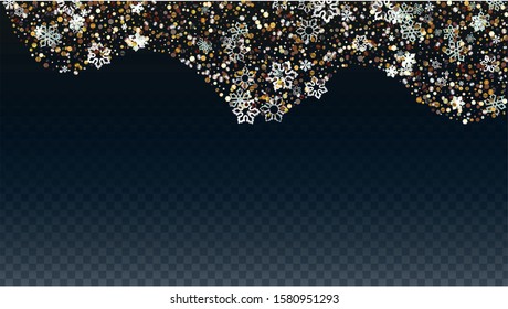 New Year Vector Background with Falling Glitter Snowflakes and Stars. Isolated on Transparent. Disco Snow Confetti Pattern. Glitter Overlay Print. Winter Sky. Design for Poster.