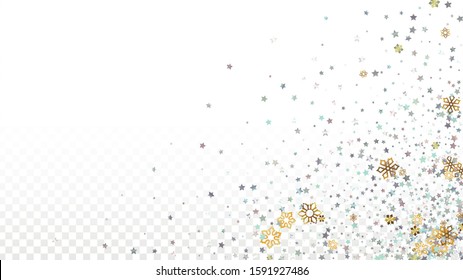 New Year Vector Background with Falling Glitter Snowflakes and Stars. Isolated on Transparent. Luxurious Snow Twinkly Pattern. Glitter Overlay Print. Winter Party. Design for Flyer.