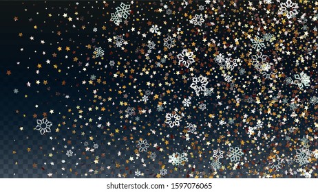 New Year Vector Background with Falling Glitter Snowflakes and Stars. Isolated on Transparent. Party Snow Sparkle Pattern. Snowfall Overlay Print. Winter Sky. Design for Card.