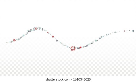 New Year Vector Background with Falling Glitter Snowflakes and Stars. Isolated on Transparent. Glowing Snow Sparkle Pattern. Snowfall Overlay Print. Winter Sky. Design for Print.