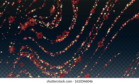 New Year Vector Background with Falling Glitter Snowflakes and Stars. Isolated on Transparent. Miracle Snow Confetti Pattern. Glitter Overlay Print. Winter Sky. Design for Web.