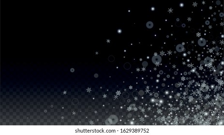 New Year Vector Background with Falling Snowflakes  Isolated on Transparent Background. Luxury Design for Party Invitation, Banner, Sale, Poster. Realistic Snow. Happy Christmas, New Year.