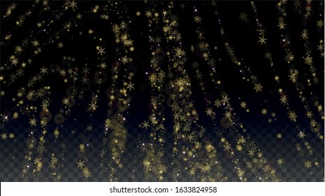 New Year Vector Background with Falling Snowflakes  Isolated on Transparent Background. Glitter Snow Sparkle Pattern. Snowfall Overlay Print. Winter Sky. Realistic Snow. Happy Christmas, New Year.