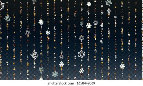 New Year Vector Background with Falling Glitter Snowflakes and Stars. Isolated on Transparent. Luxurious Snow Sparkle Pattern. Snowfall Overlay Print. Winter Sky. Design for Advertisement.