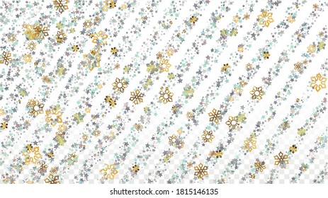 New Year Vector Background with Falling Glitter Snowflakes and Stars. Isolated on Transparent. Luxurious Snow Sparkle Pattern. Snowfall Overlay Print. Winter Sky. Design for Poster.