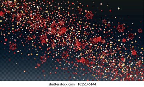 New Year Vector Background with Falling Glitter Snowflakes and Stars. Isolated on Transparent. Elegance Snow Sparkle Pattern. Snowfall Overlay Print. Winter Sky. Design for Web.