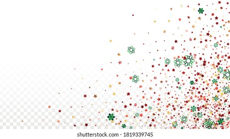 New Year Vector Background with Falling Glitter Snowflakes and Stars. Isolated on Transparent. Party Snow Twinkly Pattern. Glitter Overlay Print. Winter Party. Design for Card.