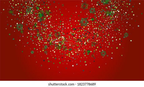 New Year Vector Background with Falling Glitter Snowflakes and Stars. Isolated on Transparent. Golden Snow Sparkle Pattern. Snowfall Overlay Print. Winter Sky. Design for Print.