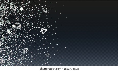 New Year Vector Background with Falling Glitter Snowflakes and Stars. Isolated on Transparent. Luxury Snow Confetti Pattern. Glitter Overlay Print. Winter Sky. Design for Cover.