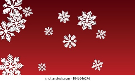New Year Vector Background with Falling Snowflakes. Isolated on Red Background.  Luxury Snow Sparkle Pattern. Snowfall Overlay Print. Winter Sky. Papercut Snowflakes.