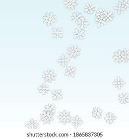 New Year Vector Background with Falling Snowflakes. Isolated on White Blue Background.  Magic Design for Party Invitation, Banner, Sale, Poster. Papercut Snowflakes.