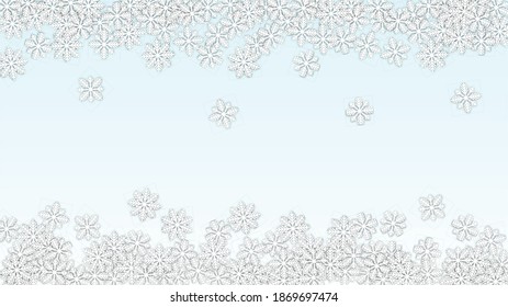 New Year Vector Background with Falling Snowflakes. Isolated on White Blue Background.  Elegance Snow Sparkle Pattern. Snowfall Overlay Print. Winter Sky. Papercut Snowflakes.