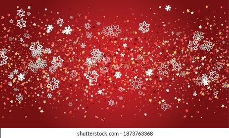 New Year Vector Background with Falling Glitter Snowflakes and Stars. Isolated on Transparent. Party Snow Confetti Pattern. Glitter Overlay Print. Winter Sky. Design for Web.