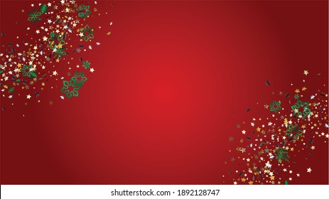 New Year Vector Background with Falling Glitter Snowflakes and Stars. Isolated on Transparent. Disco Snow Confetti Pattern. Glitter Overlay Print. Winter Sky. Design for Card.