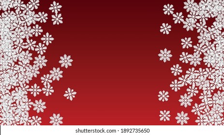 New Year Vector Background with Falling Snowflakes. Isolated on Red Background.  Elegance Snow Sparkle Pattern. Snowfall Overlay Print. Winter Sky. Papercut Snowflakes.