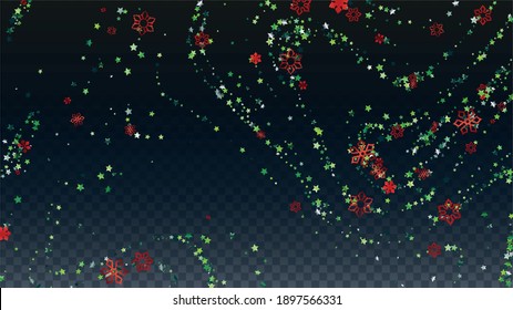 New Year Vector Background with Falling Glitter Snowflakes and Stars. Isolated on Transparent. Luxurious Snow Twinkly Pattern. Glitter Overlay Print. Winter Party. Design for Flyer.