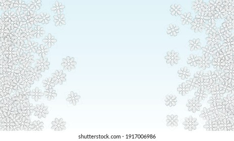 New Year Vector Background with Falling Snowflakes. Isolated on White Blue Background.  Magic Snow Sparkle Pattern. Snowfall Overlay Print. Winter Sky. Papercut Snowflakes.