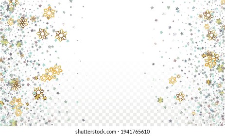 New Year Vector Background with Falling Glitter Snowflakes and Stars. Isolated on Transparent. Luxurious Snow Sparkle Pattern. Snowfall Overlay Print. Winter Sky. Design for Print.