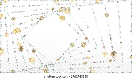 New Year Vector Background with Falling Glitter Snowflakes and Stars. Isolated on Transparent. Party Snow Sparkle Pattern. Snowfall Overlay Print. Winter Sky. Design for Flyer.
