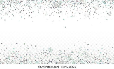Fondo vectorial de Año Nuevo con copos de nieve y estrellas cada vez más brillantes. Aislado en Transparente. Patrón de espuma de nieve brillante. Impresión superpuesta de nieve. Cielo invernal. Diseño para la invitación de fiesta.