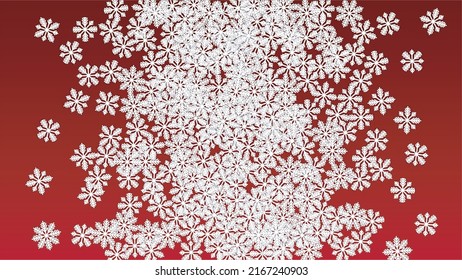 New Year Vector Background with Falling Snowflakes. Isolated on Red Background.  Realistic Snow Sparkle Pattern. Snowfall Overlay Print. Winter Sky. Papercut Snowflakes.