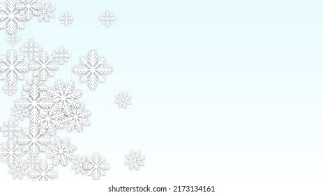 New Year Vector Background with Falling Snowflakes. Isolated on White Blue Background.  Realistic Design for Party Invitation, Banner, Sale, Poster. Papercut Snowflakes.