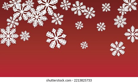 Neujahr Vektorhintergrund mit sinkenden Schneeflocken. Einzeln auf rotem Hintergrund.  Realistisches Design für Party-Einladung, Banner, Verkauf, Poster. Papercut Schneeflocken.