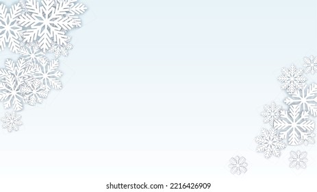 New Year Vector Background with Falling Snowflakes. Isolated on White Blue Background.  Glitter Snow Sparkle Pattern. Snowfall Overlay Print. Winter Sky. Papercut Snowflakes.