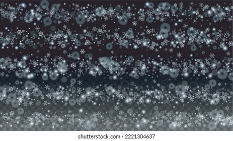 New Year Vector Background with Falling Snowflakes  Isolated on Transparent Background. Luxury Snow Sparkle Pattern. Snowfall Overlay Print. Winter Sky. Realistic Snow. Happy Christmas, New Year.