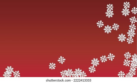 New Year Vector Background with Falling Snowflakes. Isolated on Red Background.  Festival Snow Sparkle Pattern. Snowfall Overlay Print. Winter Sky. Papercut Snowflakes.