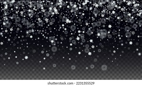 New Year Vector Background with Falling Snowflakes  Isolated on Transparent Background. Miracle Design for Party Invitation, Banner, Sale, Poster. Realistic Snow. Happy Christmas, New Year