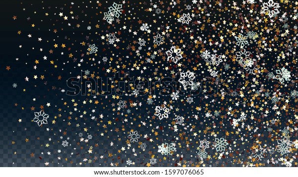 New Year\
Vector Background with Falling Glitter Snowflakes and Stars.\
Isolated on Transparent. Party Snow Sparkle Pattern. Snowfall\
Overlay Print. Winter Sky. Design for\
Card.