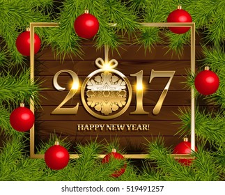 New Year vector background with fir tree branch color bulbs for winter New 2017 Year holidays celebration illustration flyer and postcard design