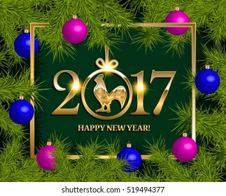 New Year vector background with fir tree branch color bulbs for winter New 2017 Year holidays celebration illustration flyer and postcard design