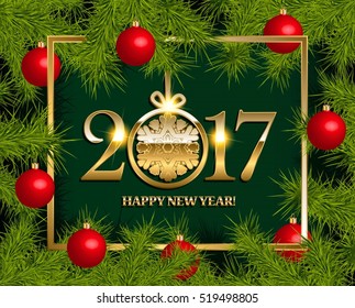 New Year vector background with fir tree branch color bulbs for winter New 2017 Year holidays celebration illustration flyer and postcard design