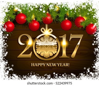 New Year vector background with fir tree branch color bulbs for winter New 2017 Year holidays celebration illustration flyer and postcard design