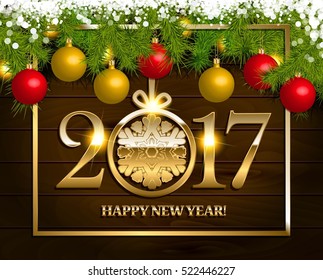 New Year vector background with fir tree branch color bulbs for winter New 2017 Year holidays celebration illustration flyer and postcard design