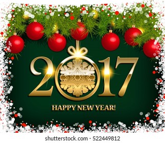 New Year vector background with fir tree branch color bulbs for winter New 2017 Year holidays celebration illustration flyer and postcard design