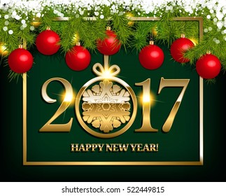 New Year vector background with fir tree branch color bulbs for winter New 2017 Year holidays celebration illustration flyer and postcard design