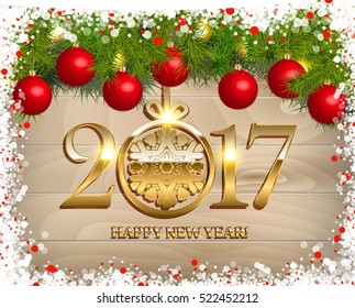 New Year vector background with fir tree branch color bulbs for winter New 2017 Year holidays celebration illustration flyer and postcard design