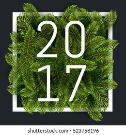 New Year vector background with fir tree branch background in frame for winter New 2017 Year lettering holidays celebration illustration flyer and postcard design. Vector illustration. EPS 10