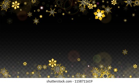 New Year Vector Background with Gold Falling Snowflakes Isolated on Transparent Background. Realistic Snow Sparkle Pattern. Snowfall Overlay Print. Winter Sky. Design for  Banner.