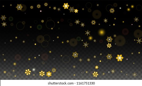 New Year Vector Background with Gold Falling Snowflakes Isolated on Transparent Background. Luxury Snow Sparkle Pattern. Snowfall Overlay Print. Winter Sky. Design for  Christmas Sale.