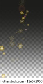 New Year Vector Background with Gold Falling Snowflakes Isolated on Transparent Background. Elegance Snow Sparkle Pattern. Snowfall Overlay Print. Winter Sky. Design for  Party Invitation.